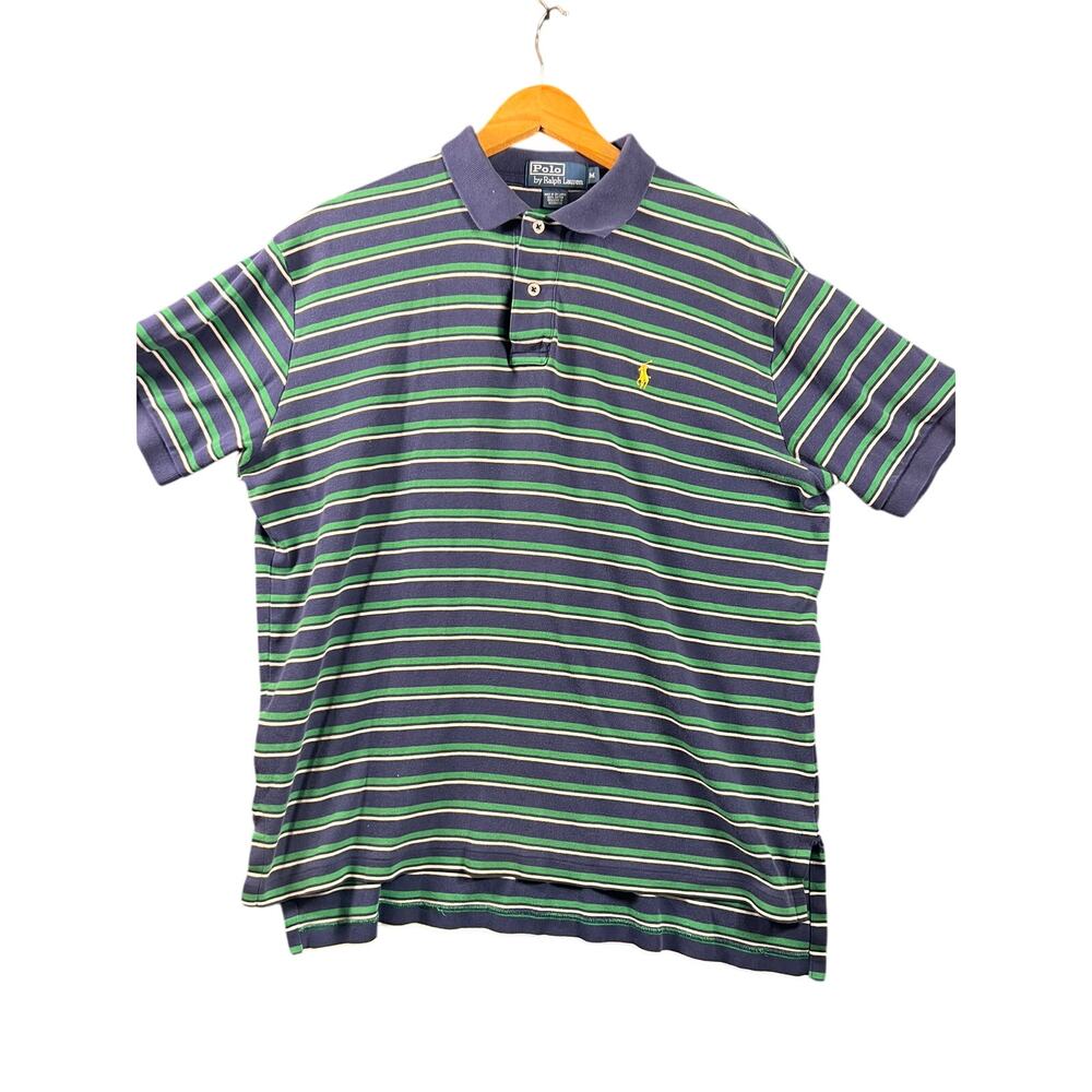 Vintage Polo Ralph Lauren Blue and Green Striped Polo Shirt Sz M Soft Cotton